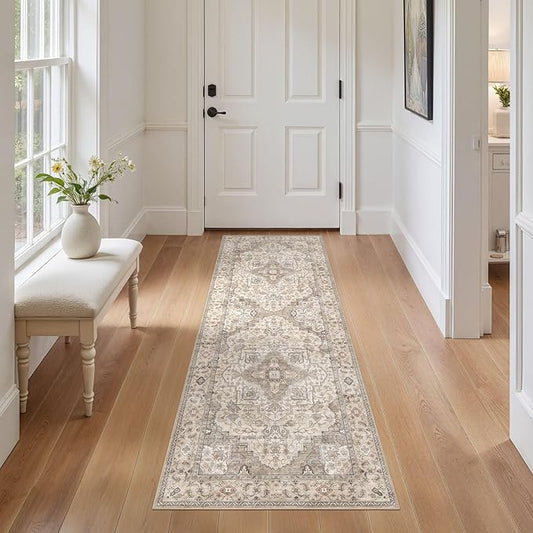 Washable 2x6 Runner Rug - Area Rugs Neutral Vintage Distressed Floral Farmhouse Boho Large Soft Floor Rug Indoor Carpet for Hallway Entryway Bedroom Kitchen - Brown/Multi