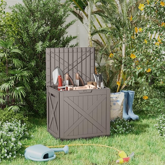 32 Gallon Deck Box Large Outdoor Storage for Patio Furniture,Outdoor Cushions,Garden Tools and Pool Supplies,Waterproof,Resin,Lockable(Grey)