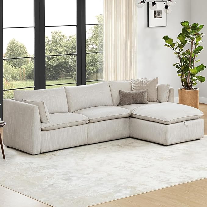 CHITA Sectional Modular Down Filled L Shape Sofa, Comfty L Shape Cloud Couch,FSC Certified L Shaped Couch for Living Room, 114 inch Width,4 Seat with Storage Ottoman, Snow