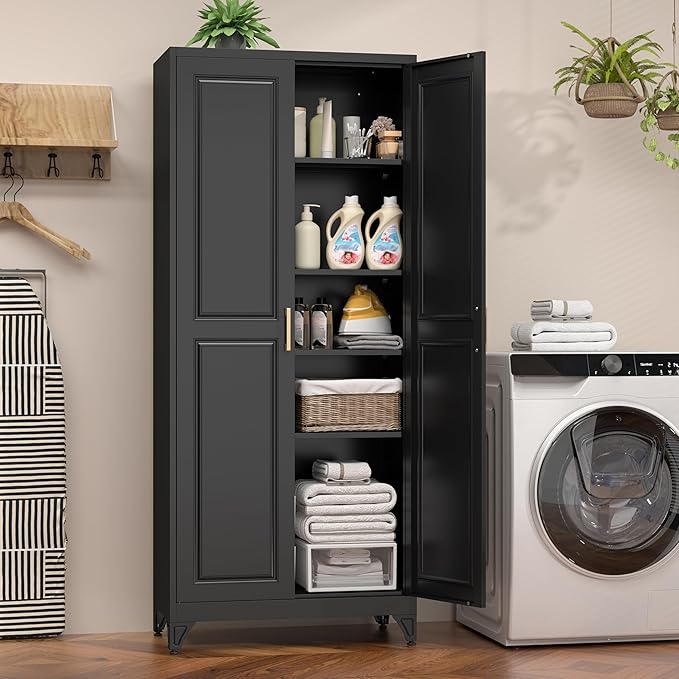 75" Kitchen Pantry Cabinet, Black Metal Storage Cabinets with 2 Doors and 4 Adjustable Shelves, Tall Pantry Storage Cabinet for Kitchen, Dining Room, Living Room