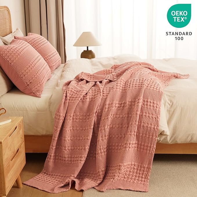 PHF 100% Cotton Waffle Weave Throw Blanket, Soft Lightweight Breathable Cozy Summer Throws for Couch Bed Sofa, Luxury Aesthetic Woven Blanket for Home Decor & Office, 50"x60", Canyon Clay