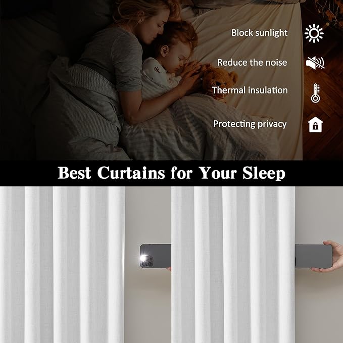RAIN CITY Snow White Blackout Curtains Back Tab Rod Pocket Pleated Track Curtains Short Kids Bedroom Classic Curtain Drapes 2 Panels Set 63 Inches Long 50x63