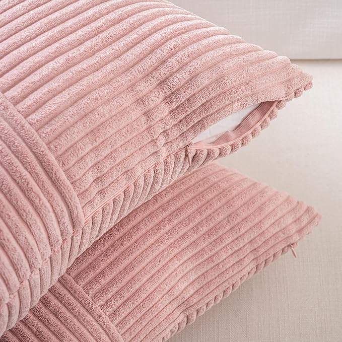 Fancy Homi 2 Packs Blush Pink Long Lumbar Decorative Throw Pillow Covers 12x24 Inch for Couch Bed Sofa, Rustic Farmhouse Boho Home Decor, Soft Striped Corduroy Rectangle Accent Cushion Case 30x60 cm