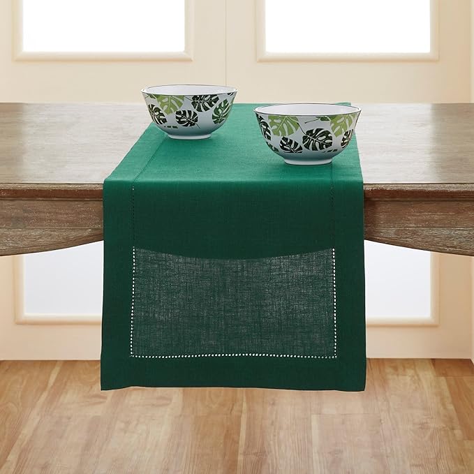 Solino Home Linen Rainforest Green Table Runner 120 Inches Long - 100% Pure Linen Hemstitch 14 x 120 Inch Table Runner for Dining, Fall, Autumn, Thanksgiving - Classic Hemstitch