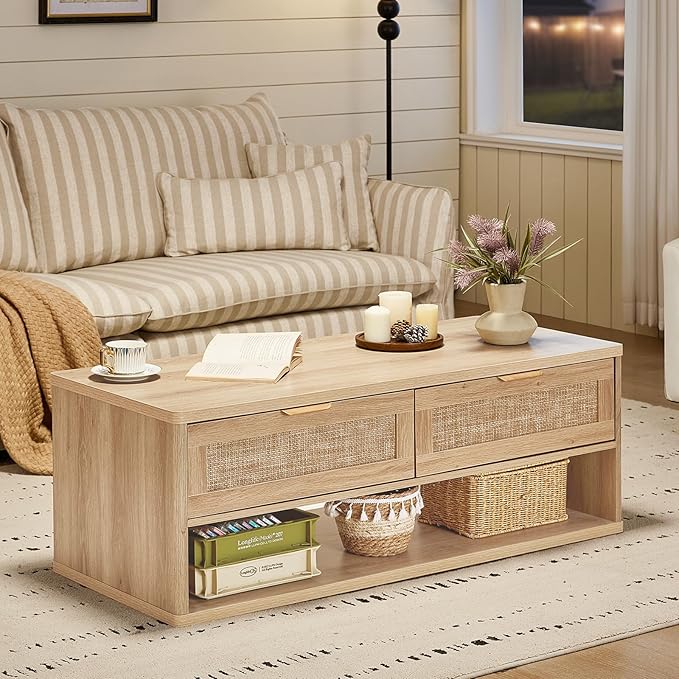 LEYAOYAO Boho Rattan Coffee Table and End Table Sets, 48" Wide Center Tables & 23" Night Stand with Charging Station Chest of Drawers, Natural Wood Coffee Table for Living Room 2 Piece Set