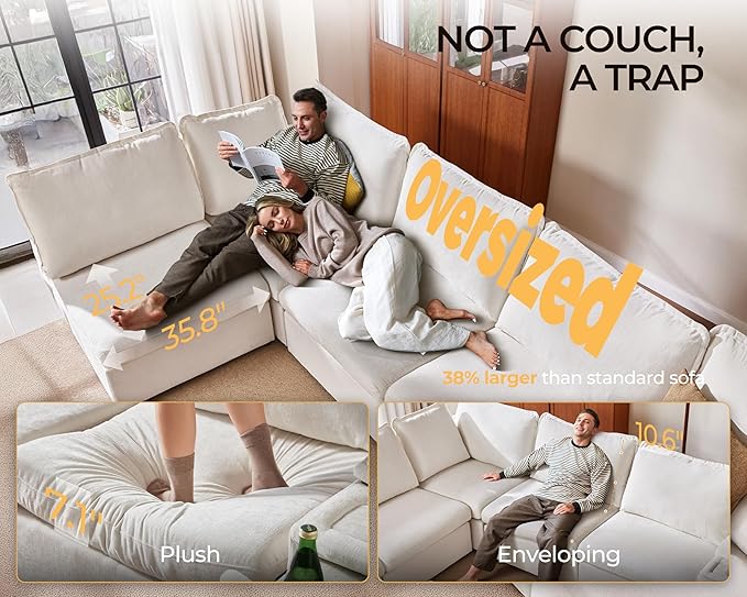 Oversized Modular Sofa Comfy Cloud Couch with Storage, Extra Deep Plush Sectional Sofa Set for Living Room, Covers Washable, Chenille, Olar (White, 3-Seater, Basic Shape)