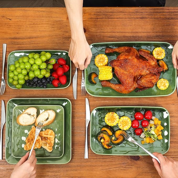 vicrays Ceramic Rectangle Serving Platters - 14" 12" 10" Porcelain Serving Trays Plates for Party BBQ Appetizers Sushi Dessert - Microwave Oven and Dishwasher Safe - Set of 3 Green