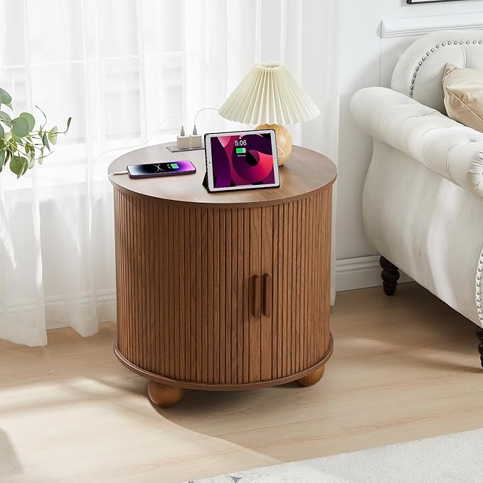 Farmhouse Round End Table with Charging Station, 24" Large Fluted Sofa Side Table with Sliding Tambour Door & Storage, Mid-Century Wood Nightstand for Living Room, Bedroom (Walnut)