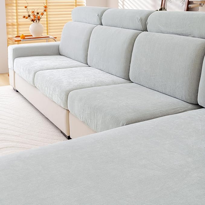 Chenille Sofa Armrest Covers, Soft Stretch Non-Slip Couch Arm Covers for Sofa, Chair or L Shaped Sectional, Furniture Protector (2 Pieces, Light Grey)
