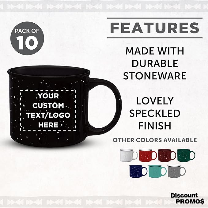 DISCOUNT PROMOS Custom Ceramic Campfire Coffee Mugs 13 oz. Set of 10, Personalized Bulk Pack - Perfect for Tea, Espresso, Cappuccino, Hot Cocoa - Black