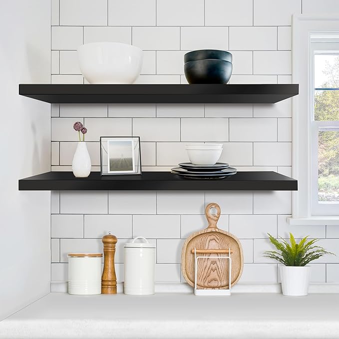 Sorbus Floating Shelves for Wall - 35 Inch Long Bathroom Shelves, Wall Decor for Bedroom, Kitchen, Living Room & Book Storage - Mounted Floating Shelf with Invisible Brackets (Black, 2 Pack)