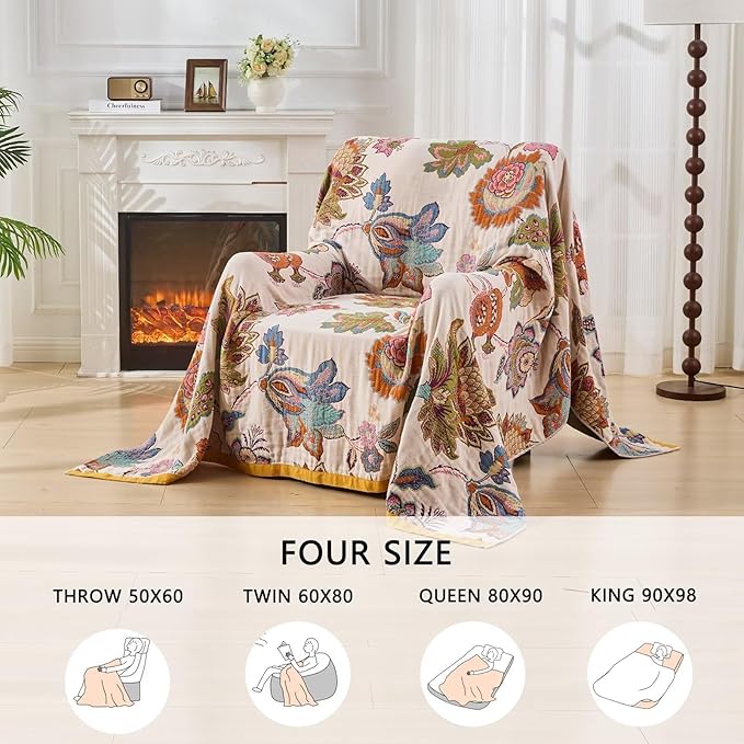 Summer Boho Throw Blanket for Bed, Multi Reversible Blanket Washable Breathable,Lightweight 4-Layer King Size Quilt for Bed,Floral Birds, 100% Cotton Muslin Large Travel Throw Blanket,90"x98"