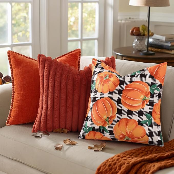 decorUhome Fall Orange Pumpkin Decorative Throw Pillow Covers 18x18 Set of 2, Buffalo Plaid Check Farmhouse Cushion Covers for Autumn Harvest Couch Sofa Bed Home Decor