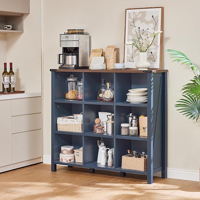 9 Cube Bookcase, Farmhouse 47 Inch Wide Navy Blue Bookshelf, Wooden 3 Tier Display Large Open Book Shelf, Vintage Horizontal Book Case for Home Office, Cubby Storage Cabinet for Living Room