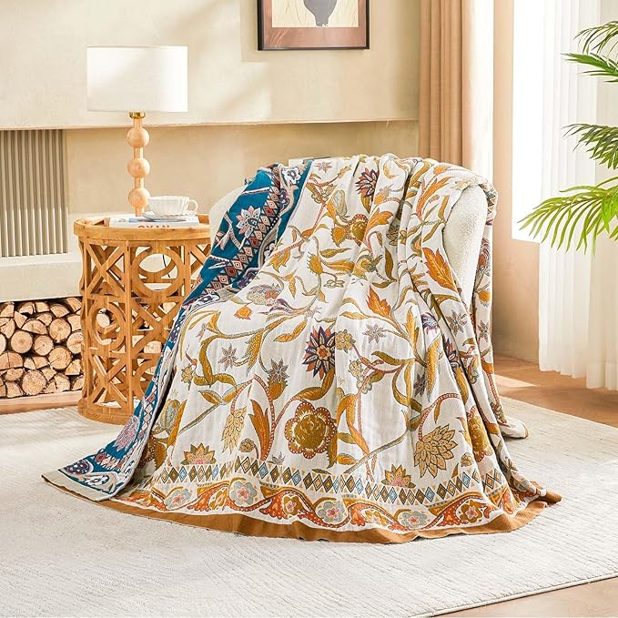 Fall Throw Blanket for Couch, Brown Boho Decorative Throw Blanket, 100% Cotton Muslin Breathable Woven Farmhouse Blankets Quilt, 80"x90" Reversible Lightweight Blankets Bohemian Throw Quilt