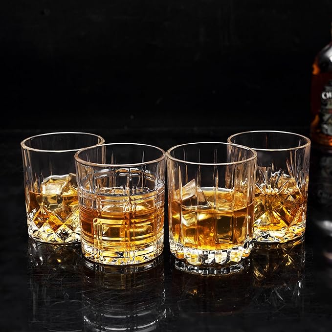 KANARS Whiskey Glasses Set of 4 - Multi Style Crystal Liquor Glasses 10 oz - Rocks Glass Barware For Scotch, Bourbon, Rum and Cocktail, Whisky Gifts for Men