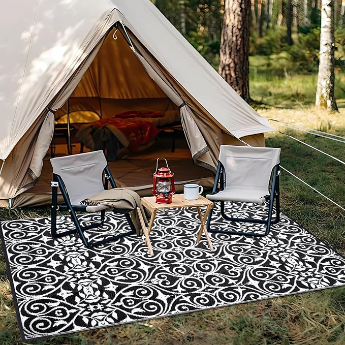 OLANLY Outdoor Rug Waterproof 9x12 ft Clearance, Reversible Outdoor Plastic Straw Rug with Floral Pattern, RV Mat for Patio, Camping, Balcony, Deck, Backyard, Black & White