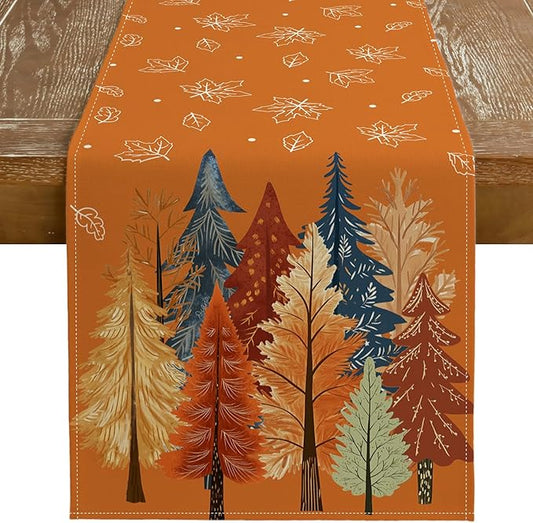 GEEORY Fall Watercolor Trees & Maple Leaves Table Runner 13x60 Inch, Rustic Farmhouse Autumn Thanksgiving Decor for Kitchen, Dining, Indoor/Outdoor Holiday Dinner Party Orange GT158-60