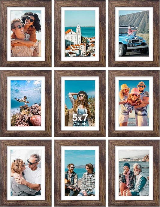 Vittanly 5x7 Picture Frames Set of 9, Shatter Resistant Plexiglass, Display 4x6 Pictures with Mat or 5x7 without Mat, Photo Frames for Wall or Tabletop, Engineered Wood, Brown