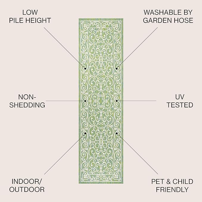 JONATHAN Y Vintage Filigree Indoor Outdoor Runner Rug 2X10 Green/Ivory, Charleston Textured Weave for Backyard, Patio, Porch, Easy-Cleaning, High Traffic, Pet-Friendly, Non-Shedding (SMB106K-210)