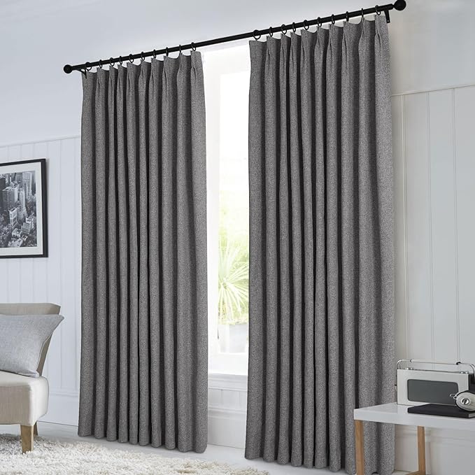 Macochico 100% Blackout Pinch Pleated Linen Curtains Thermal Window Treatments Sound Reducing Curtains for Bedroom Living Room Natural Grey Farmhouse Burlap Drapes with Tieback 52”Wx63”L 1 Panel