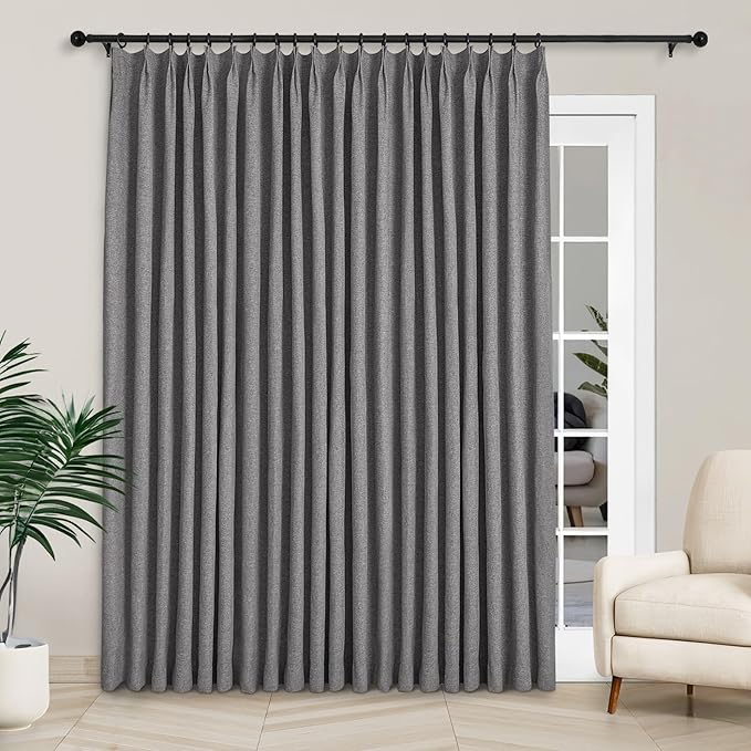 Macochico Extra Wide Full Blackout Linen Curtains for Sliding Door Gray Pinch Pleated Linen Curtains 96 Inches Long for Bedroom Living Room Farmhouse with Tieback 120”Wx96”L 1 Panel