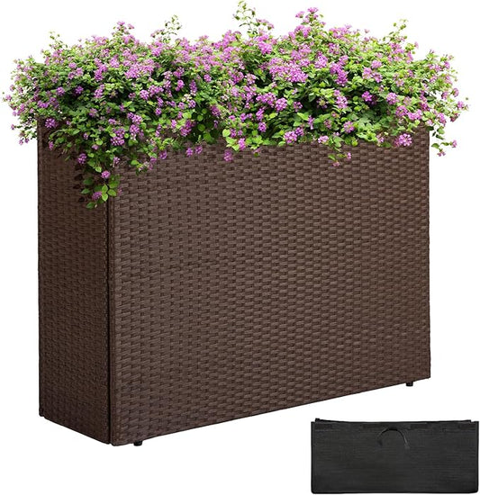 IDZO All Weather Wicker Planter Raised Garden Bed, 24 in Tall Round Rattan Flower Pots, Durable Self-Watering Indoor Outdoor Wicker Planters for Porch Patio Balcony