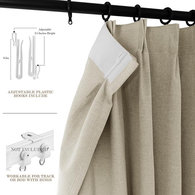Beige Pinch Pleat 100% Blackout Drapes Linen Blend, Room Divider, Room Darkening, Energy Saving, Furniture Protecting, Light Blocking Extra Wide Privacy Curtains, 200Wx102L, 1 PC