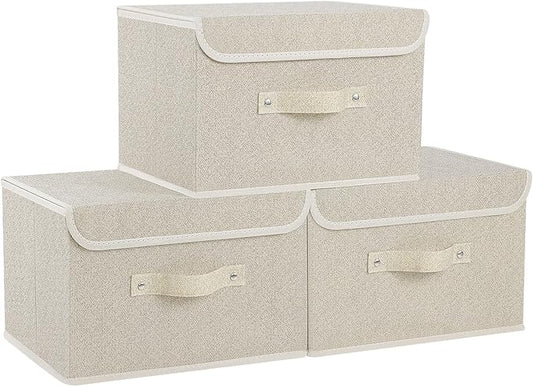 Fabric Storage Bins Cube Organizers with Flip-Top Lid and Handles,Storage Boxes for Organizing Home,Office,and Closet,Grey and Beige,3 Pack 13 X 9.1 X 7.9 in