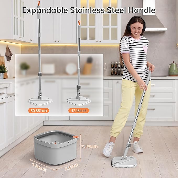 KZKR Spin Mop and Bucket Set with Self Separation Dirty and Clean Water System, Self Wringing 360° Rotating Square Mop Head for Home Floors Cleaning (1.0 Mop and Bucket Set (4 Pads))