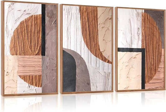 Aurlan Neutral Abstract Oval Rectangular Framed Wall Art(16"x24"), 3 PCS Minimalist Black Beige Brown Gray 3D Textured Canvas Artwork, Large Modern Geometric Illustration Art Wall Decor for Office Living Room Bedroom