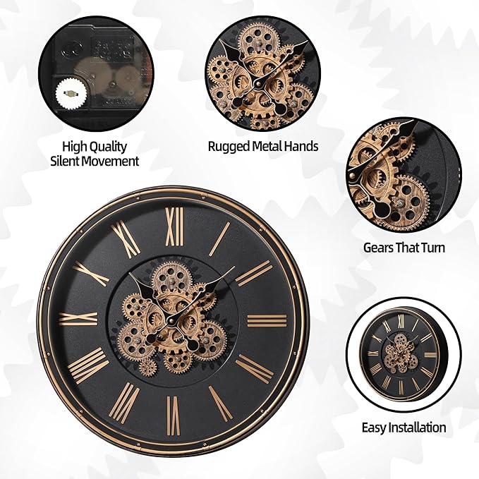 Maxstar Large Moving Gear Wall Clock,20" Vintage Mechanical Battery Operated Industrial Wall Clocks for Farmhouse Living Room,Home Office, Dinning Room, Kitchen, Steampunk Decor-Gold,Roman Numeral