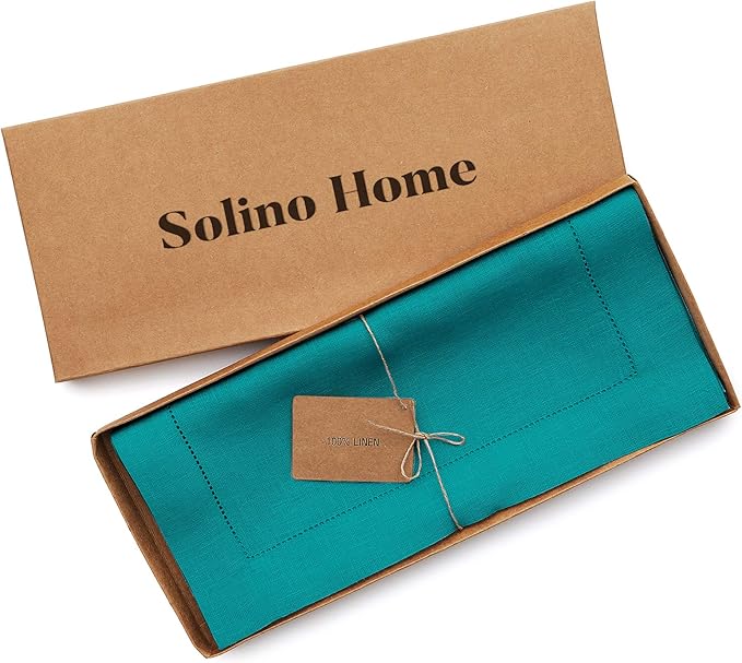 Solino Home Linen Table Runner 120 Inches Long - 100% Pure Linen Teal Table Runner 14 x 120 Inch for Fall, Autumn, Thanksgiving - Classic Hemstitch