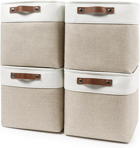 Collapsible Fabric Storage Cubes 11x11 Cube Storage Bins, 4 Pack Closet Baskets Box with Handles for Organizing, Shelf, Toys, Clothes, Home, Office, Nursery (Beige&White)