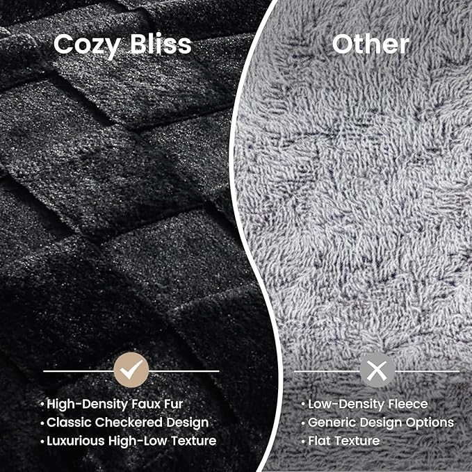 Cozy Bliss Checkered Large Faux Rabbit Fur Black Queen Bed Blanket, Soft Fuzzy Fluffy Minky Furry Plush Blankets for Couch, Bed, Adults (90 * 90 Inches Black)