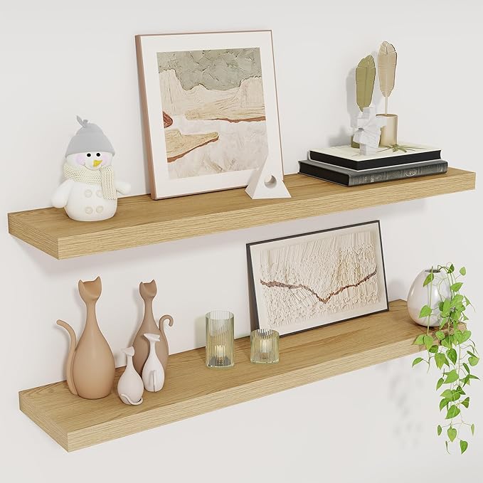 Fun Memories 30" Rustic Wood Deep Floating Shelves for Wall, Invisible Brackets for Decor & Storage, Living Room, Bathroom (Oak, Set of 2)