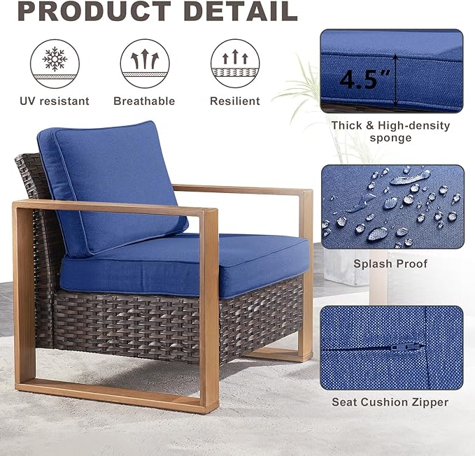 Outdoor Wicker Patio Furniture Set - 5 Piece Patio Conversation Set with 2 Wicker Armrest Chairs,2 Rattan Ottoman and 1 Couch,Sturdy Frame,Thick Cushions,Deep Seating(Brown/Blue)