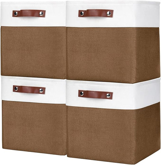 Collapsible Fabric Storage Cubes 11x11 Cube Storage Bins, 4 Pack Closet Baskets Box with Handles for Organizing, Shelf, Toys, Clothes, Home, Office, Nursery (Brown&White)