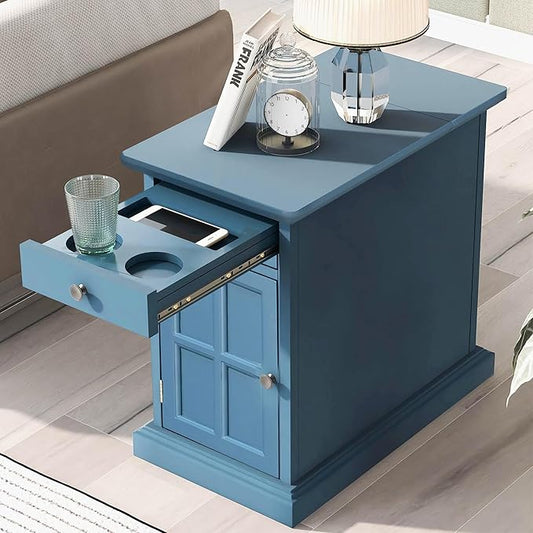 Traditional Wood End Table with Charging Station, Modern Vintage Sofa Chair Side Table Nightstand with Storage & Drawer for Living Room Bedroom, No Assembly, Antique Navy