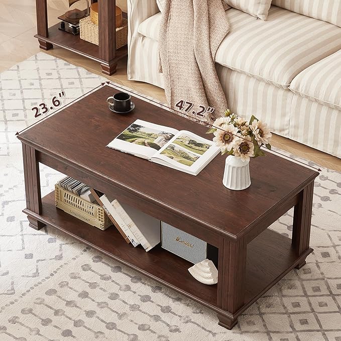 Farmhouse Coffee Tables for Living Room,Square Living Room Tables with Open Storage Shelf,Large Modern Coffee Table,Rustic Brown Center Table,Walnut
