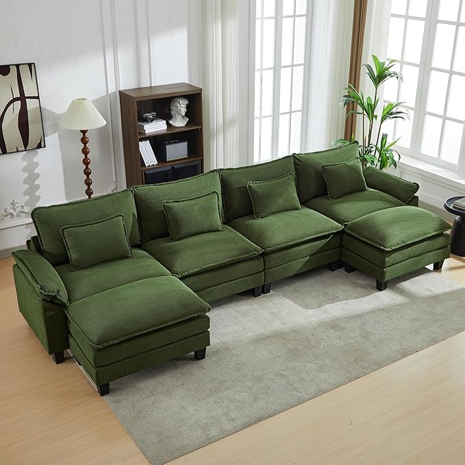 URRED Modular Sectional Sofa Comfy Cloud Couch, Modern Corduroy Sofa Sleeper Deep Seat Couches with Ottoman/Pillows for Living Room (Green, 154'' - U Shape)