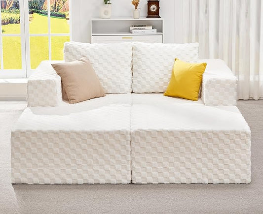 Hobestluk Modular Sectional Sofa Memory Foam Couch Sofa Bed Loveseat with Chaises Cloud Couch with Removable Cover Large Sectional Couches for Living Room (Plush White, Sofa Bed)