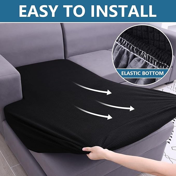 hyha Waterproof Sectional Couch Covers, Non Slip Sofa Couch Cushion Covers L Shape, Thick Stretch Jacquard Fabric, Washable Sofa Slipcovers with Elastic Bottom (1 Piece for Chaise XL, Black)