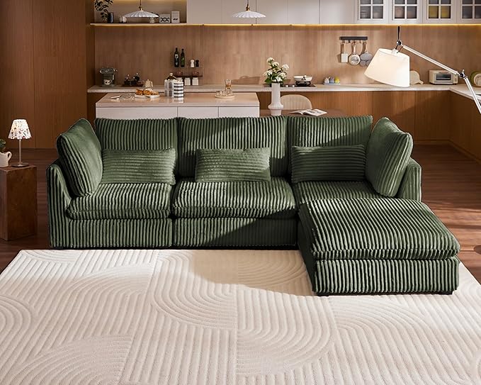 Oversized Modular Sofa, Extra Deep Cloud Corduroy Sectional Couch with Ottoman Chaise, Fluffy Chenille 4 Seat L-Shaped Sofa for Living Room, Villa (L Shape 4 Seater, Corduroy Green)