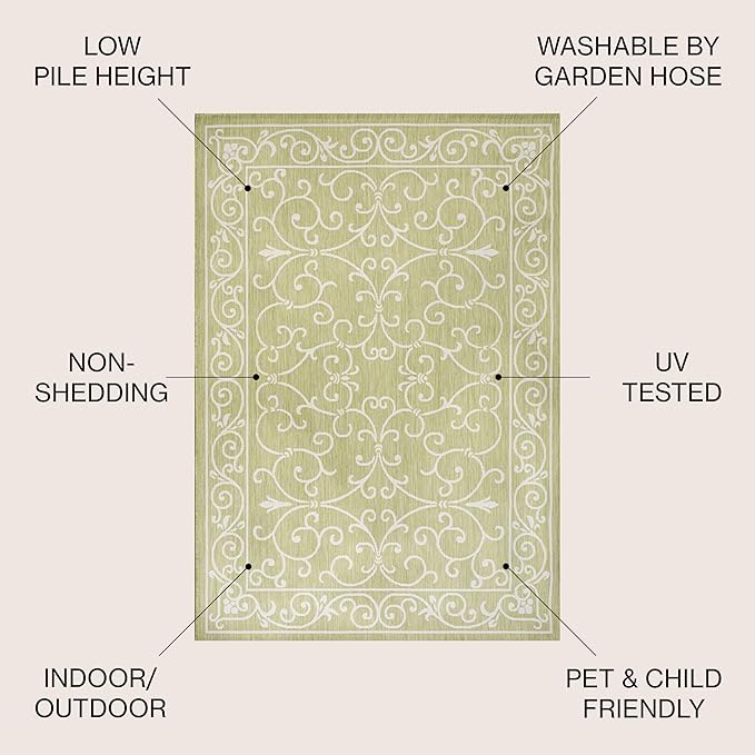 JONATHAN Y Vintage Filigree Indoor Outdoor Area Rug 3X5 Green/Cream, Charleston Textured Weave for Backyard, Patio, Porch, Easy-Cleaning, High Traffic, Pet-Friendly, Non-Shedding (SMB106H-3)