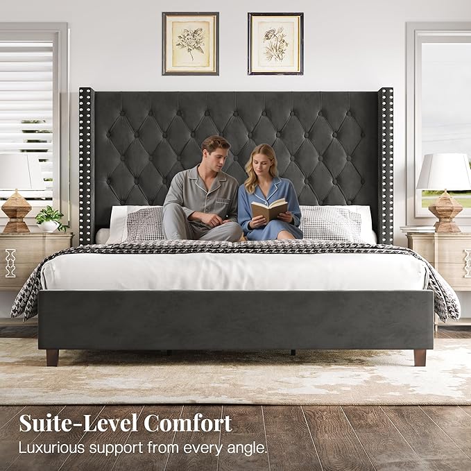 PaPaJet King Size Bed Frame with 61.4" Tall Headboard, Velvet Modern Upholstered Tufted Bed for Adults, Handmade Deep Button Tufting, Solid Wood Legs, No Box Spring Required, Black