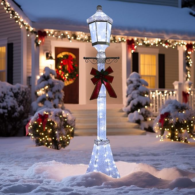 BlueWish 6FT Christmas Decorations Outdoor, Pre-Lit Lighted Xmas Decor with Removable Decorative Bow, Lighted Post Christmas Decoration with Waterproof Lights Cold White for Outdoor and Indoor