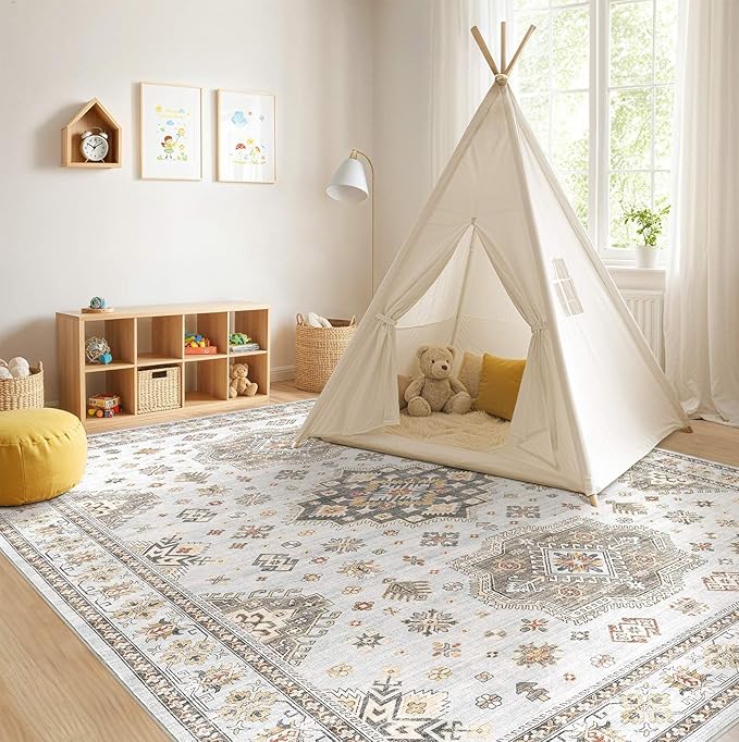 Washable Area Rugs for Living Room - 5x7 Neutral Vintage Distressed Floral Farmhouse Boho Large Soft Floor Rug Indoor Non Slip Carpet for Living Room Bedroom Dining Room Office - Blue Brown