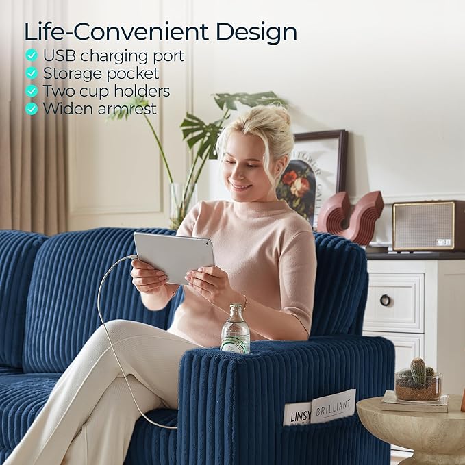 LINSY HOME Sectional Sleeper Sofa with Pull Out Couch Bed - Convertible Plush Corduroy Cloud Couch with Storage Chaise & USB Charging, Comfy U Shaped Modular Couches for Living Room, Blue