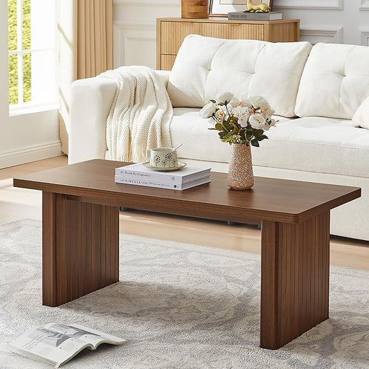 Rectangular Fluted Coffee Table, Farmhouse Wood Coffee Table Mid Century Modern Center Table Boho Living Room Tables for Living Room Office (Walnut, 19.69" D x 43.3" W x 17.72" H)